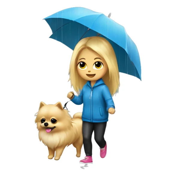 Blonde girl walking tiny pomeranian under the rain sticker