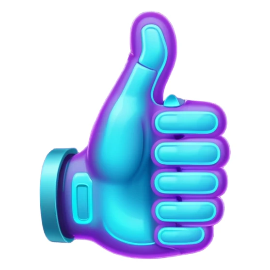 futuristic glowing thumbs up, neon purple and cyan light, dark background, digital tech style sticker
