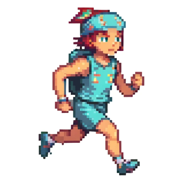 pixel art of a runner with a headband, mid-stride, retro game style sticker