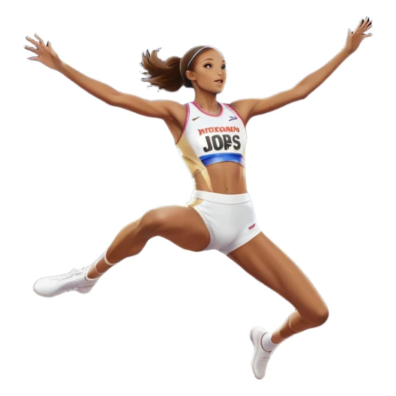 An icon featuring a female high jumper in mid-air, gracefully clearing a bar on a track. She wears a white athletic uniform and appears focused, with the background showcasing a vibrant stadium with cheering spectators and bright lights. Transparent background highlights the elegance  sticker