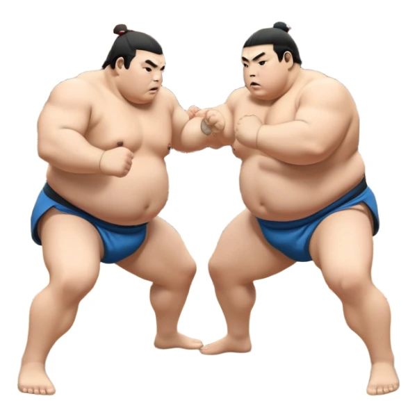 Two sumo wrestlers in a classic dohyo ring, each displaying powerful stances and ready to engage in a fierce match. One wrestler attempts a pushing attack, while the other counters with a thrust. The background shows the traditional sumo arena and spectators. Transparent background. sticker