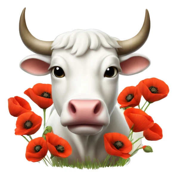 Realistic cute White Bull Ox with many poppies on big horns sticker