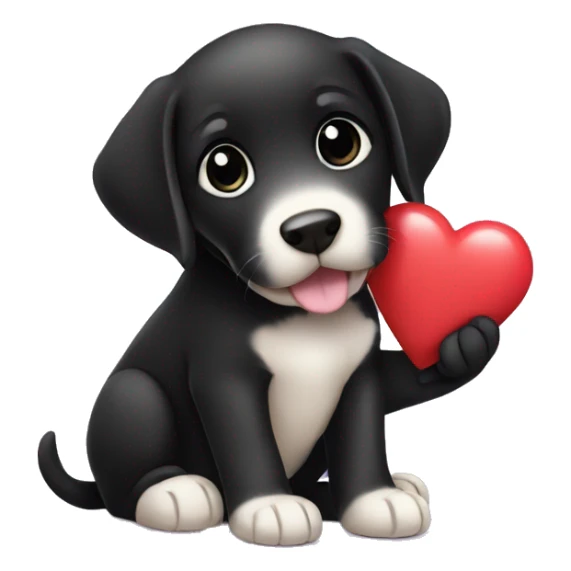 sitting black labrador puppy is holding a heart sticker