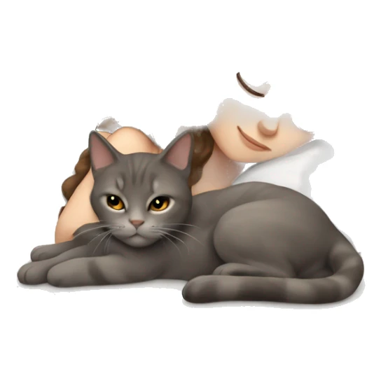 White girl brown hair sleeping with brown gray cat sticker