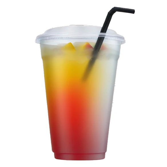 mango tea, yellow and red gradient drink on a clear plastic cup with a black straw sticker