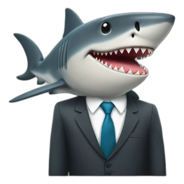 A shark sitting on a table wearing a suit looking straight sticker