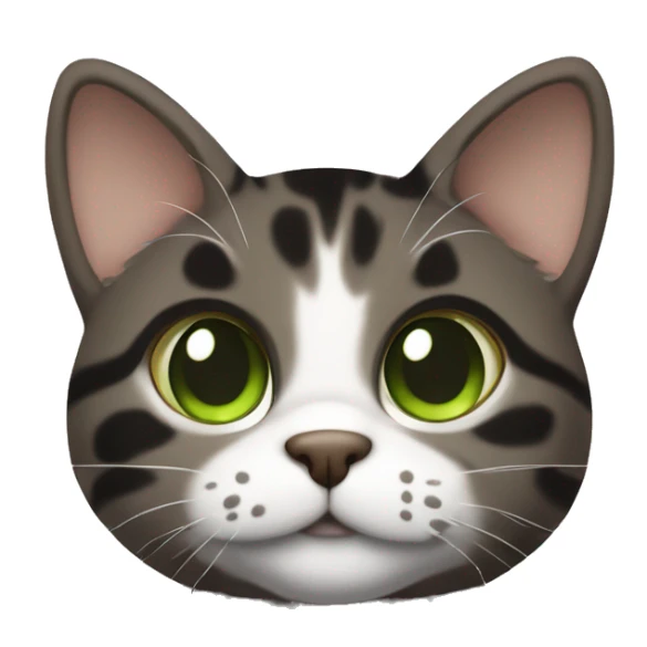 Dark brown and black and dark grey tabby dark brown black spotted with white paws cat with brown-green eyes and white neck sits sticker