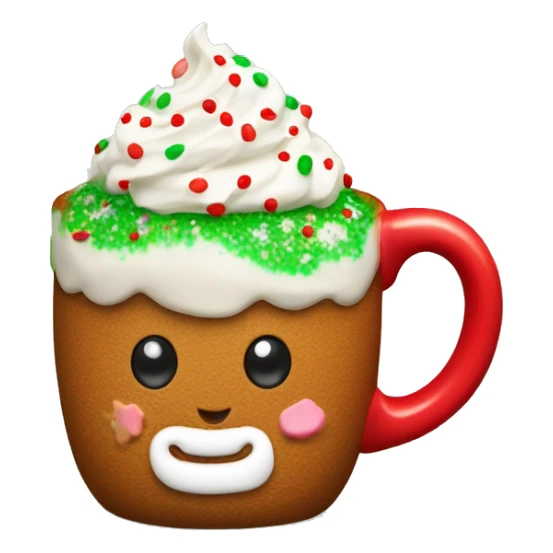 A red mug with whipped cream on top, with a small gingerbread man tucked into the cream. The whipped cream is sprinkled with colorful red and green sprinkles. sticker