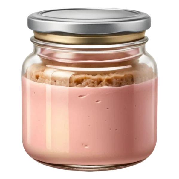 small glass jar filled with coarse beige to light pink pâté, smooth slightly uneven surface, metal lid, visible layers of texture through transparent glass, fine fat cap on top, no label, no garnish, no bread, sealed jar, soft lighting, subtle shadows, emoji scale sticker