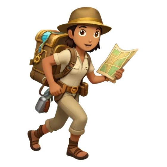 An icon featuring an adventurer in a dynamic action pose with treasure map, ancient ruins and jungle landscapes in the background. The design includes clues, hidden passages and climbing gear, symbolizing the thrill of exploration and discovery. Transparent background. sticker