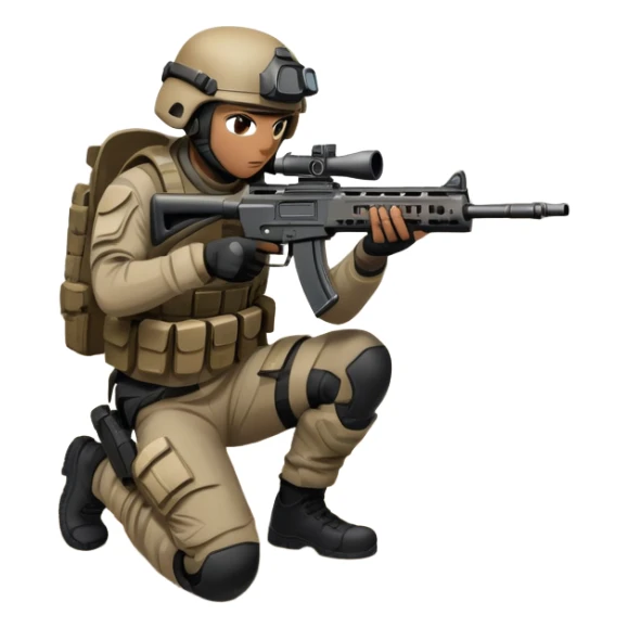 A skilled airsoft player in tactical gear, aiming a gun and shooting metal BBs in a desolate, ruined landscape. The setting is filled with broken walls and debris, creating a tense atmosphere of strategy and precision in a high-stakes tactical environment sticker