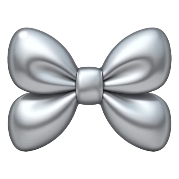 A cute bow emoji made of polished silver chrome, smooth rounded loops, glossy metallic surface, soft mirror reflections, subtle highlights, minimal and adorable proportions, iOS emoji style, centered composition, clean white background, soft studio lighting, no text, no outline, ultra high quality sticker
