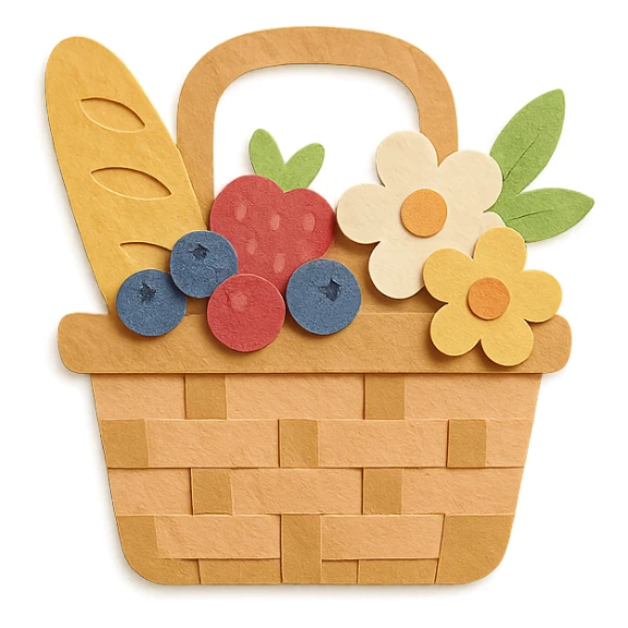 a picnic basket with berries, bread, and flowers, warm pastel shades, paper craft style sticker