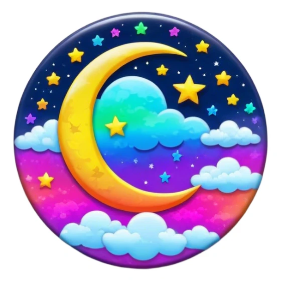 Beveled button with Neon rainbow colored damask style full moon with stars and clouds in the center sticker