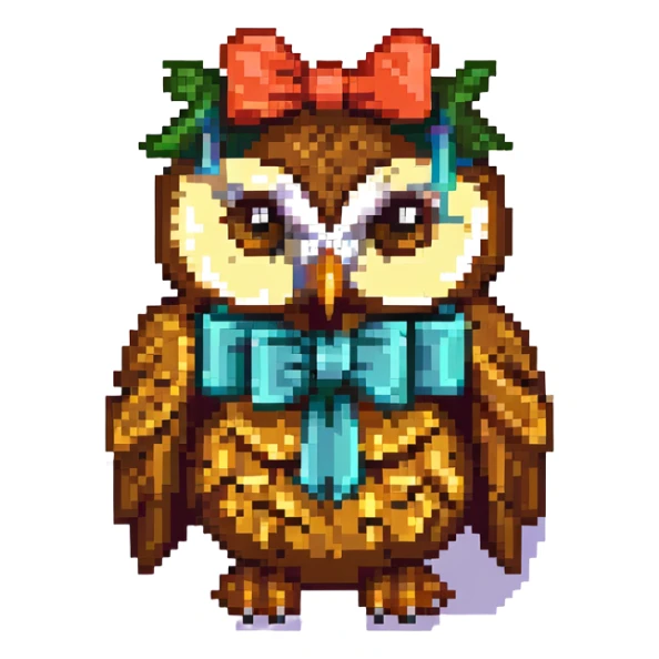 owl with bow and text 'SAMY QUIZ' in the same color palette as the reference image, pixel art style sticker