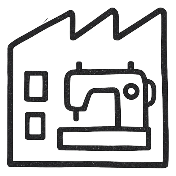 Google Material Design icon for 'Sewing Workshop Rental' illustrating a simple factory building or minimalist sewing machine inside a building sticker