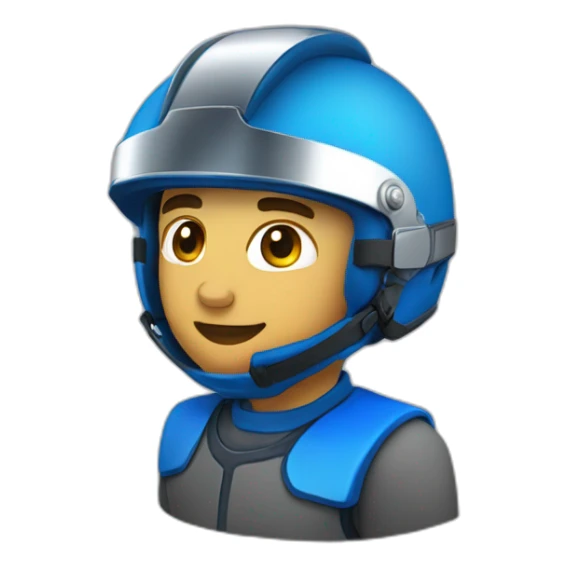 Blue gokar with driver that has blue helmet with chrome visor sticker