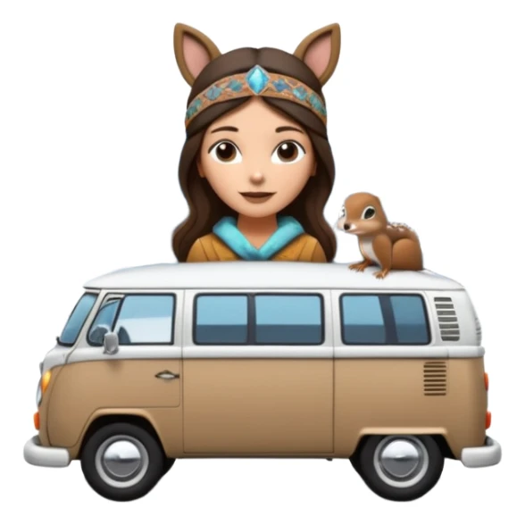 A parked VW bus painted white and black and filled with different 3d crystals and 3d crystals secured to roof surrounded by winter scenery with squirrels, birds, rabbits, wolves and driven by a brunette hippie with headband sticker