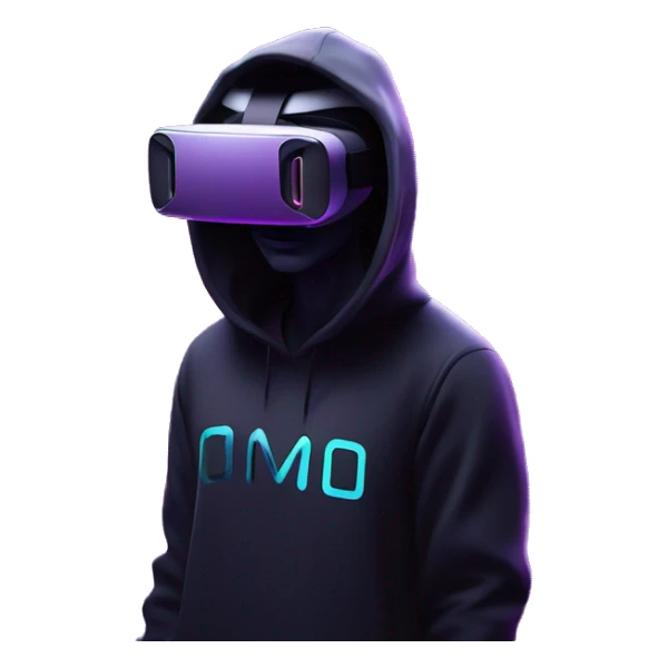 Ilon Mask wearing a black hoodie with "OMG" letters on it and VR headset oculus quest 2 in a cyberpunk VR environment with violet neon lighting. sticker