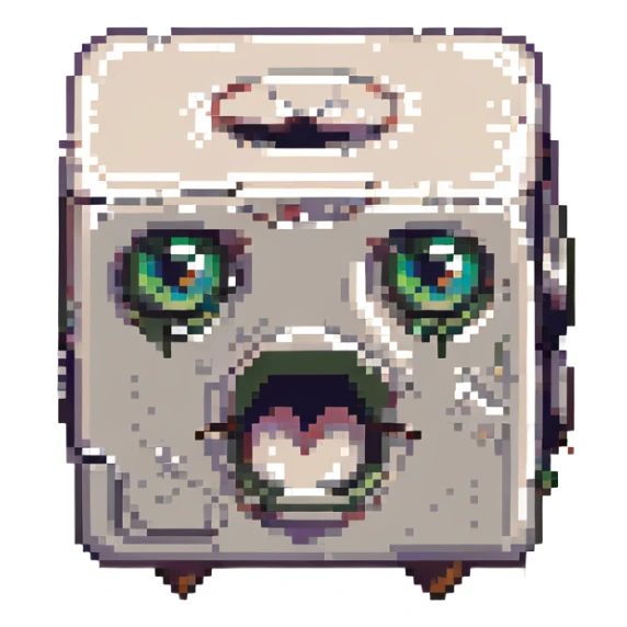 cube with expressive eyes and mouth, reminiscent of retro video games, bold outlines sticker