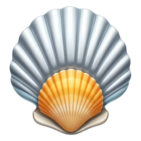 A seashell emoji made of polished silver chrome, smooth curved surface, reflective metallic highlights, elegant minimal design, iOS emoji style, centered, clean white background, soft lighting sticker