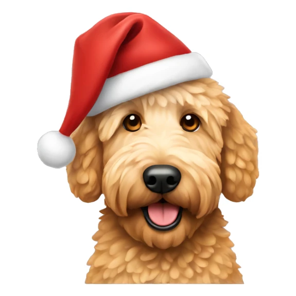 Golden doodle wearing a Christmas hat sticker