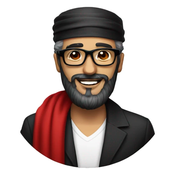 man in black glasses and black beard with red arafat smiling  sticker