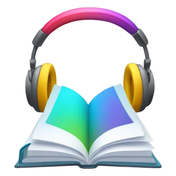 A minimalist emoji in iPhone style, showing an open book wearing over-ear headphones, with bright colors and a transparent background. sticker