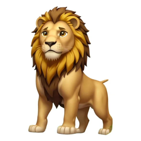 3D cartoon style, vertical 9:16. A dense green jungle with tall trees, morning sunlight beams through leaves, light fog. In the center stands a 5.5 ft strong muscular lion with golden fur, dark brown mane, amber eyes, light battle scars, no clothes, calm expression sticker