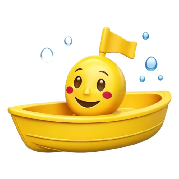 A yellow plastic toy bath boat with a big happy smiling face on the front sticker