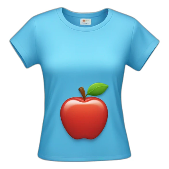 blue femlae T shirt with a red apple logo  sticker