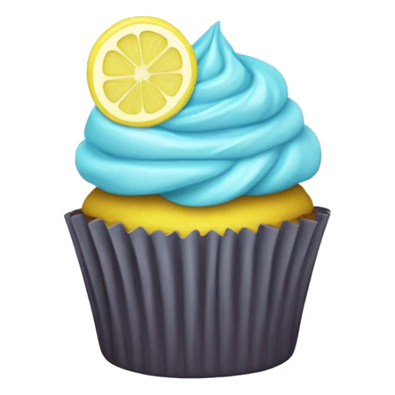 Small cupcake with light blue wrapper and topped with light yellow frosting and a slice of lemon  sticker