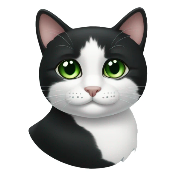 A black cat with green eyes with a black face, little white chin, with a thin white stripe on the nose on the right side, with a white breast and white paws sticker