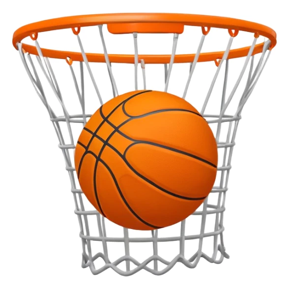 Basketball swishing through net, minimal design with just essential details, iOS emoji style sticker