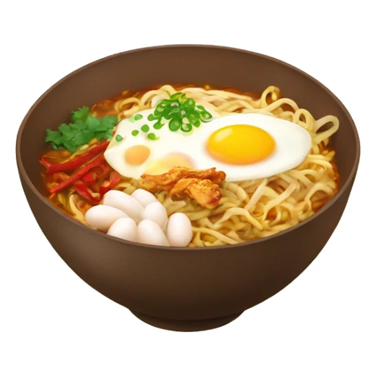 Hot noodles in a brown bowl with eggs chili and chicken  sticker