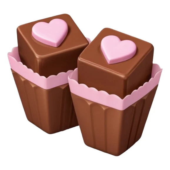 Two square milk chocolate pralines, Each praline is a sharp-edged cube with smooth glossy chocolate coating, placed in a small white fluted paper candy cup. On top of each cube is a flat pastel pink heart-shaped icing sticker