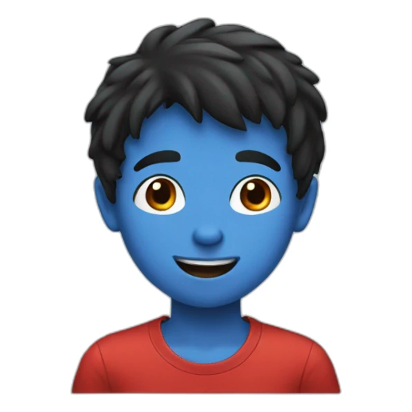A boy with black hair and a red nose and a blue t-shirt sticker