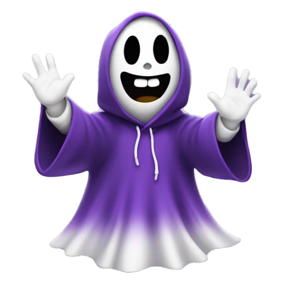cute ghost with a black and purple hoodie on. waving hands in air sticker