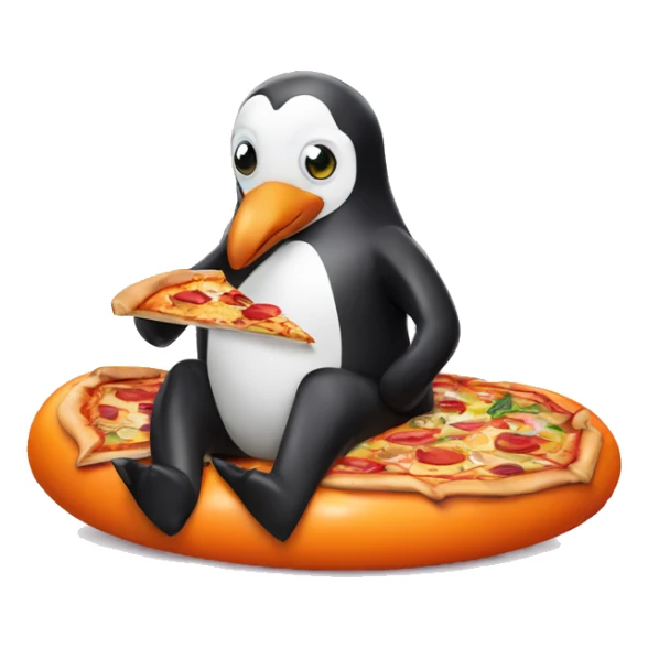 A penguin next to a door sitting on a pool float eating pizza sticker