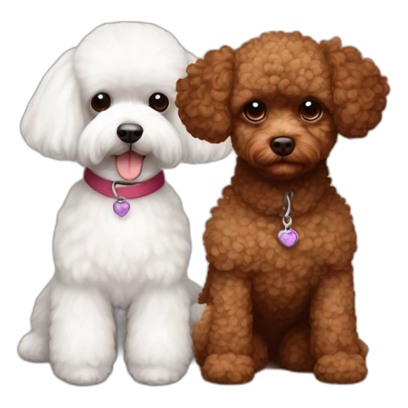Brown toy poodle with teddy bear haircut next to an all white Maltese sticker