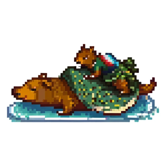 a capybara surfing on a crocodile, pixel art style sticker