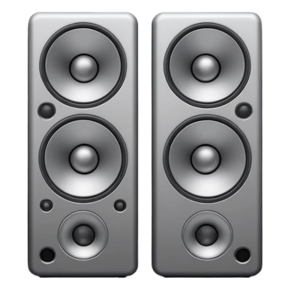 Minimal emoji icon of a modern metallic speakers, front view, detailed geometry, dark metallic body, subtle highlights, isolated sticker