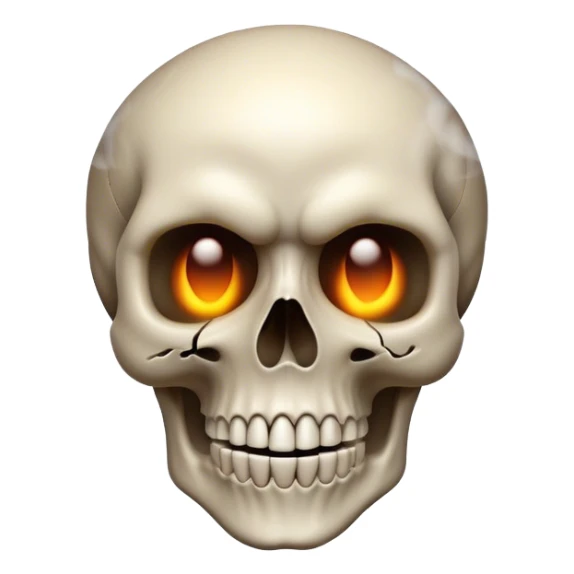 A detailed 3D-rendered skull emoji with a smooth, rounded shape. The skull looks crazy, with an unhinged expression and glowing eyes. Thick smoke is coming out from the top of its head, swirling upwards.  sticker