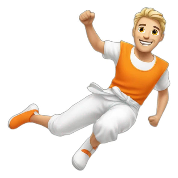 male parcour athlete in orange white cloths, captured mid-air sticker