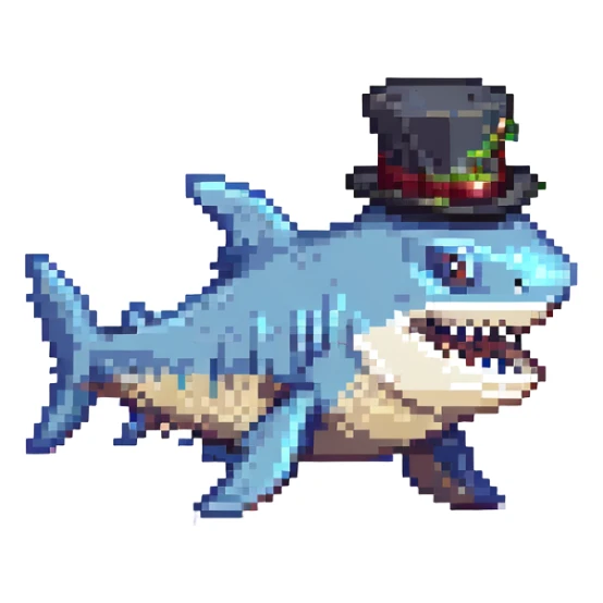A pixel art style image of a shark wearing a top hat, facing left. sticker