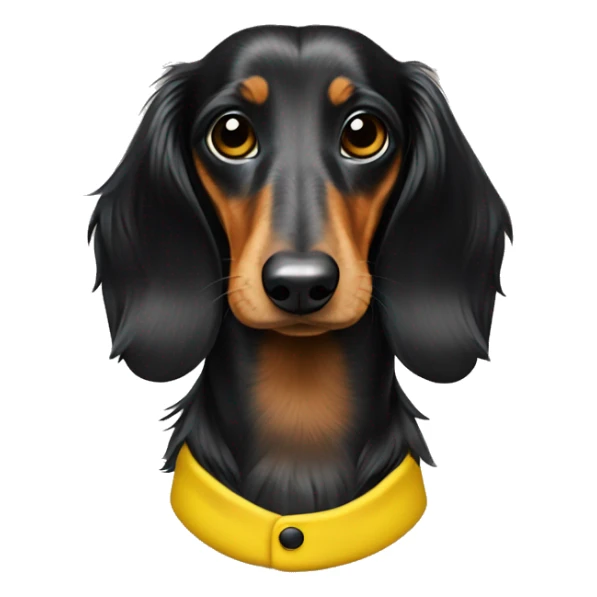 Black long haired dapple dachshund in a yellow suit sticker