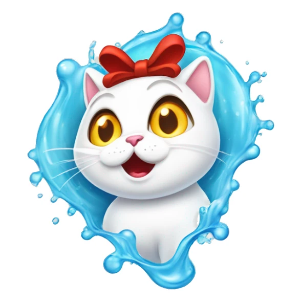 A white cartoon cat with a red bow on its left ear, looking unwell. A colorful stream of liquid comes from her mouth in a playful and exaggerated way, giving the image a lighthearted and humorous tone. The scene is drawn in a cute, cartoonish style sticker