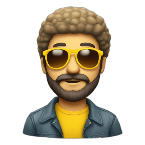 a man with a beard wearing yellow sunglasses with a mushroom on his head sticker