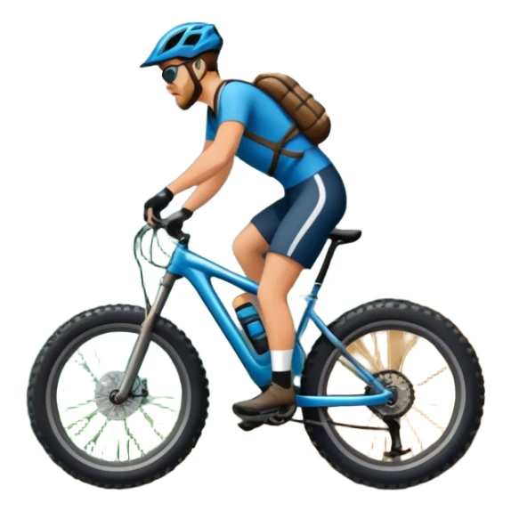 An icon featuring a forest trail or rocky mountain road. The background shows dense trees, steep slopes, and distant peaks under a clear blue sky with mountain bike with wide tires, positioned on  Transparent background highlights the thrill and rugged beauty of mountain biking. sticker