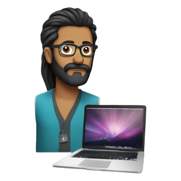 indian man hair in a manbun, beard, glasses with macbook computer  sticker